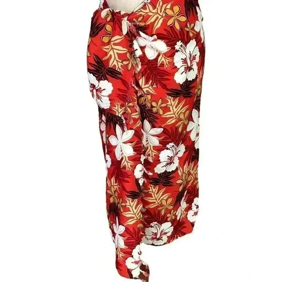 Vintage HIBISCUS COLLECTION HAWAII Wrap Scarf Sarong Red Floral Fringe Beach - Picture 4 of 7